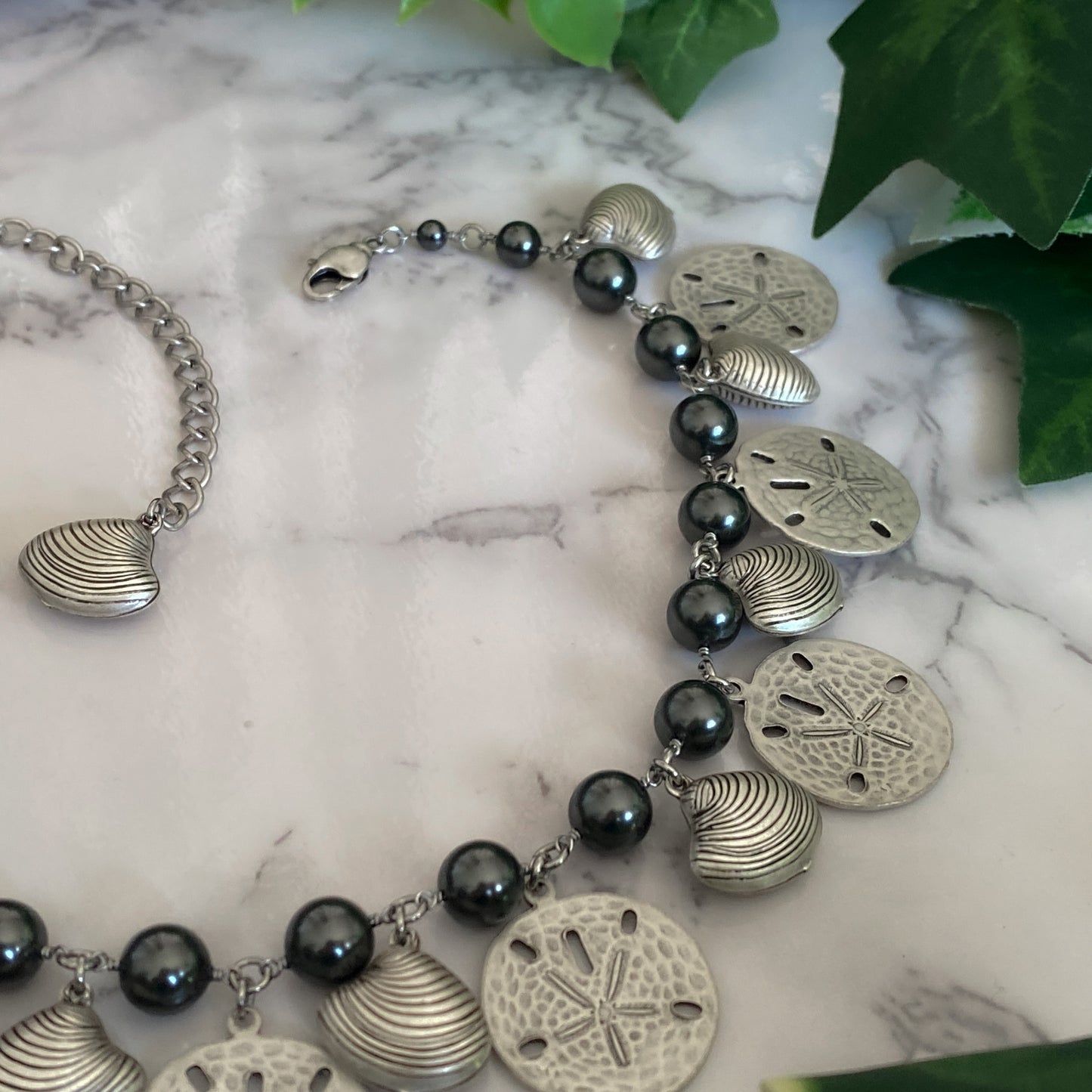 Tara ~ Dark Siren Shell Charm Choker with Glass Pearls, Antique Silver Shells and Stainless Steel