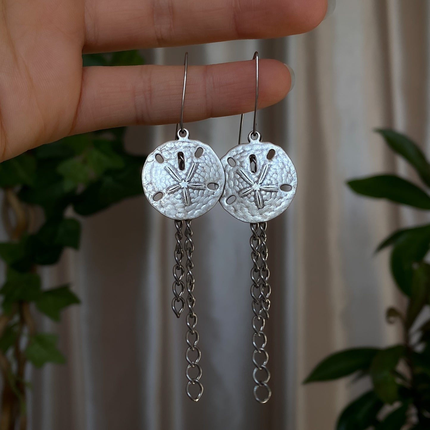 Tara ~ Dark Siren Sand Dollar Earrings with Antique Silver Shells on Stainless Steel V-Hooks