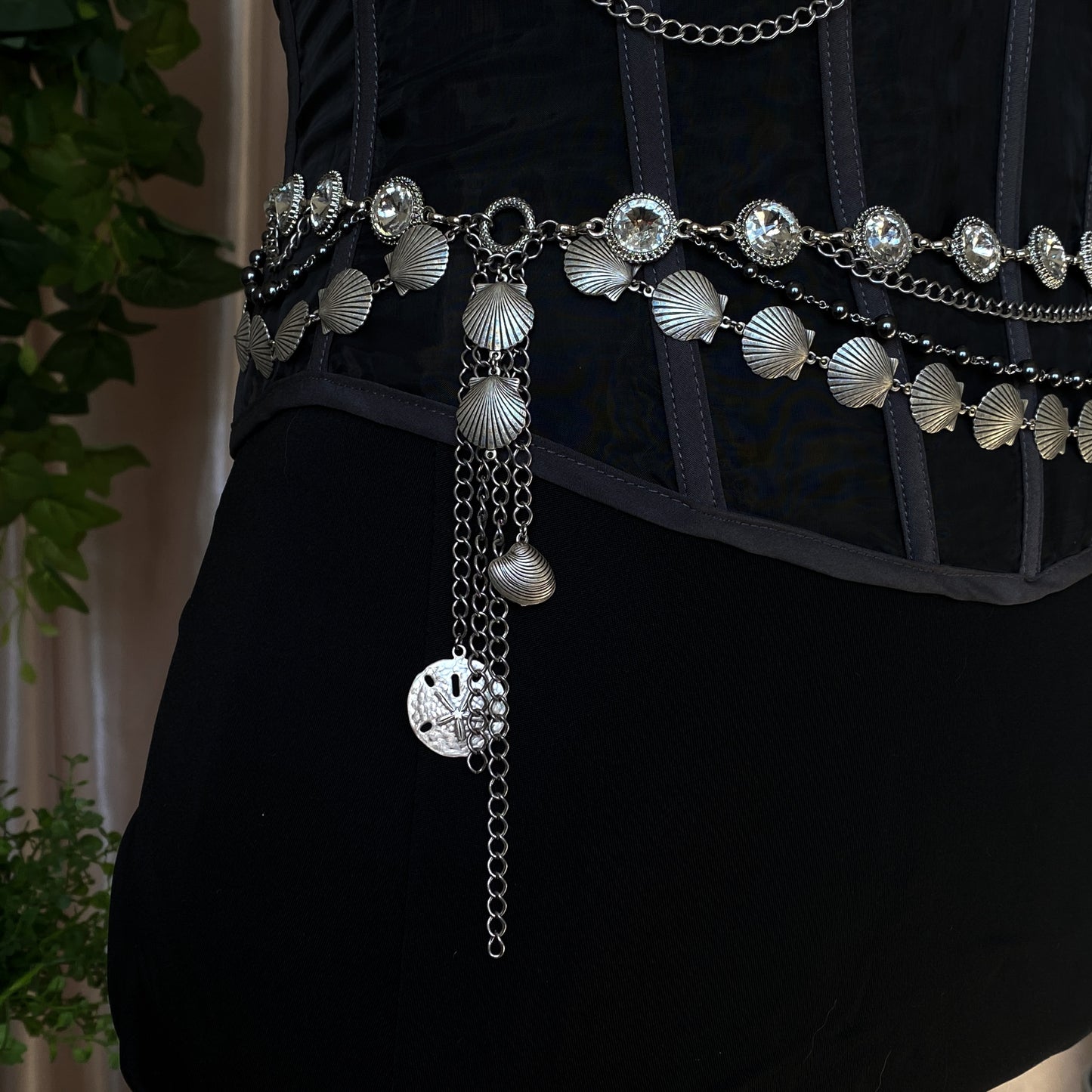 Tara ~ Dark Siren Upcycled Corset with Glass Pearls, Faceted Glass, Antique Silver and Stainless Steel