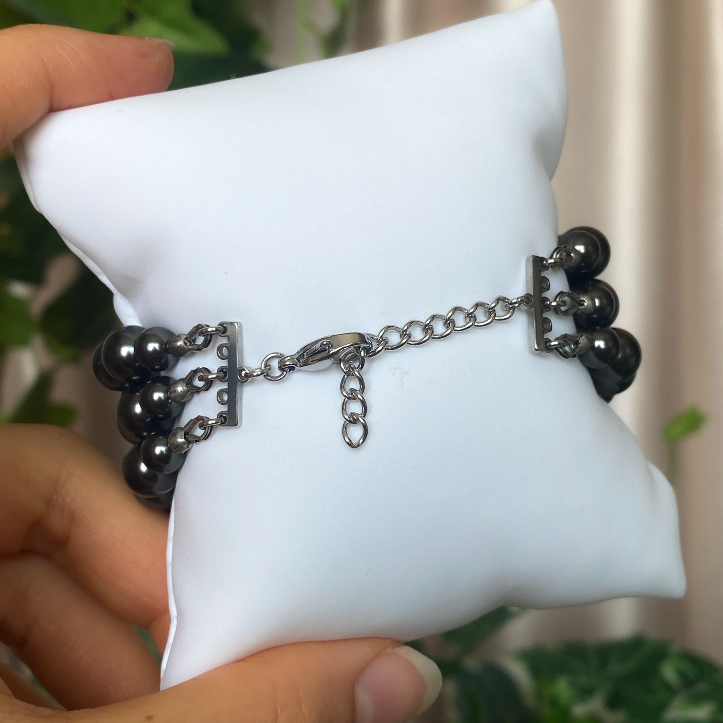 Tara ~ Dark Siren Black Pearl Bracelet with Glass Pearls, Antique Silver and Stainless Steel