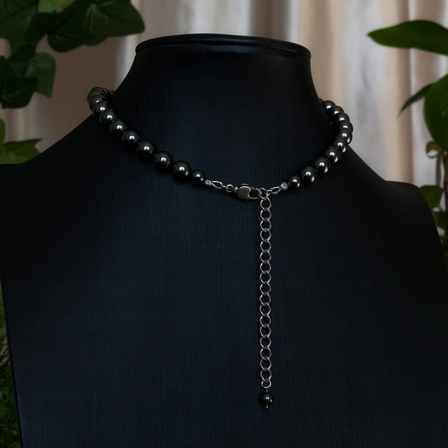 Tara ~ Dark Siren Black Pearl Choker with Glass Pearls, Antique Silver Shells and Stainless Steel