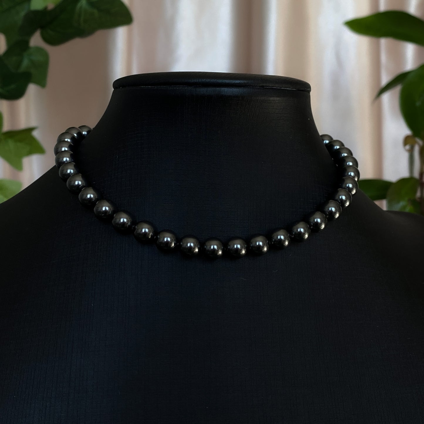 Tara ~ Dark Siren Black Pearl Choker with Glass Pearls, Antique Silver Shells and Stainless Steel