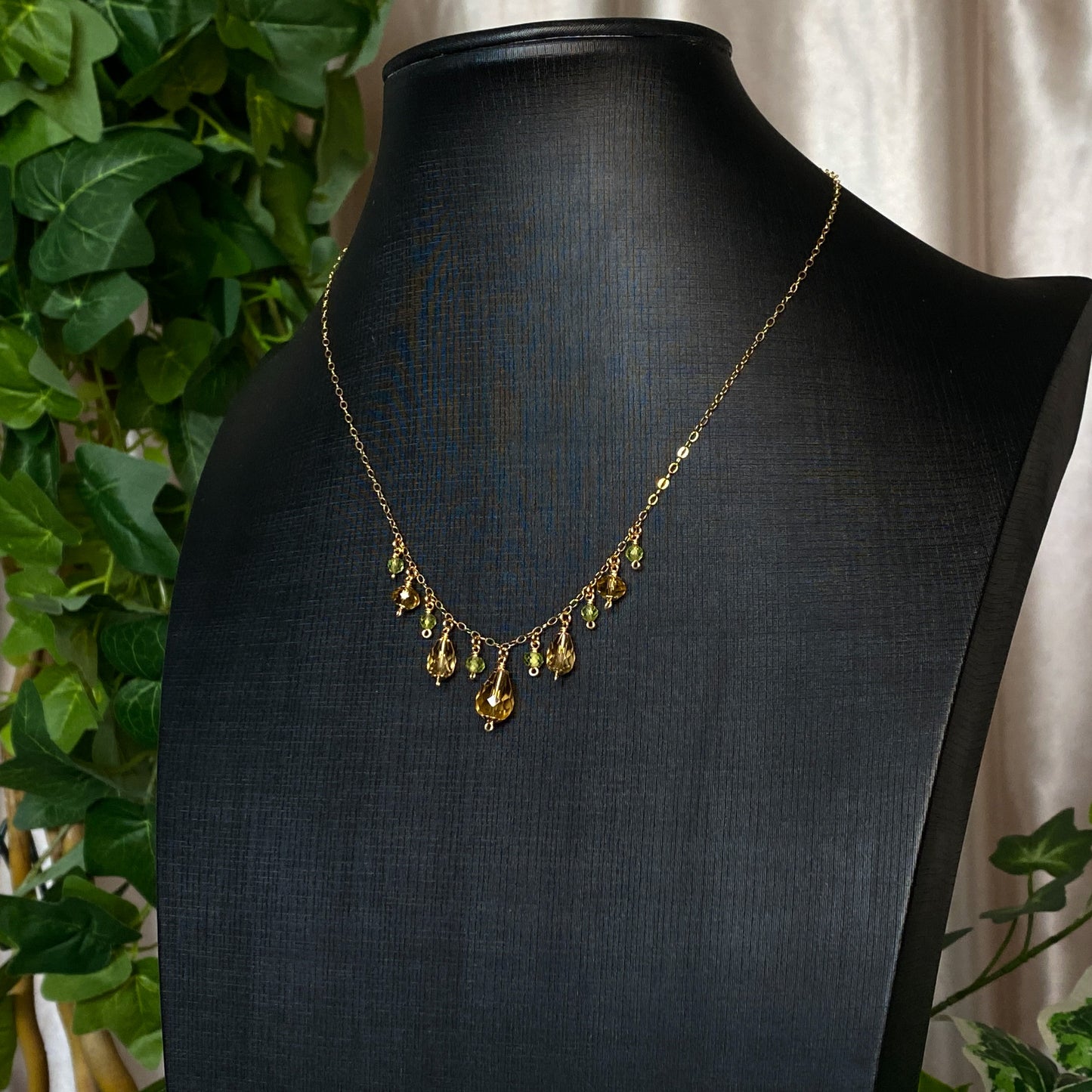 Fawn ~ Amber Glass, Peridot and 14k Gold Filled Dainty Charm Necklace