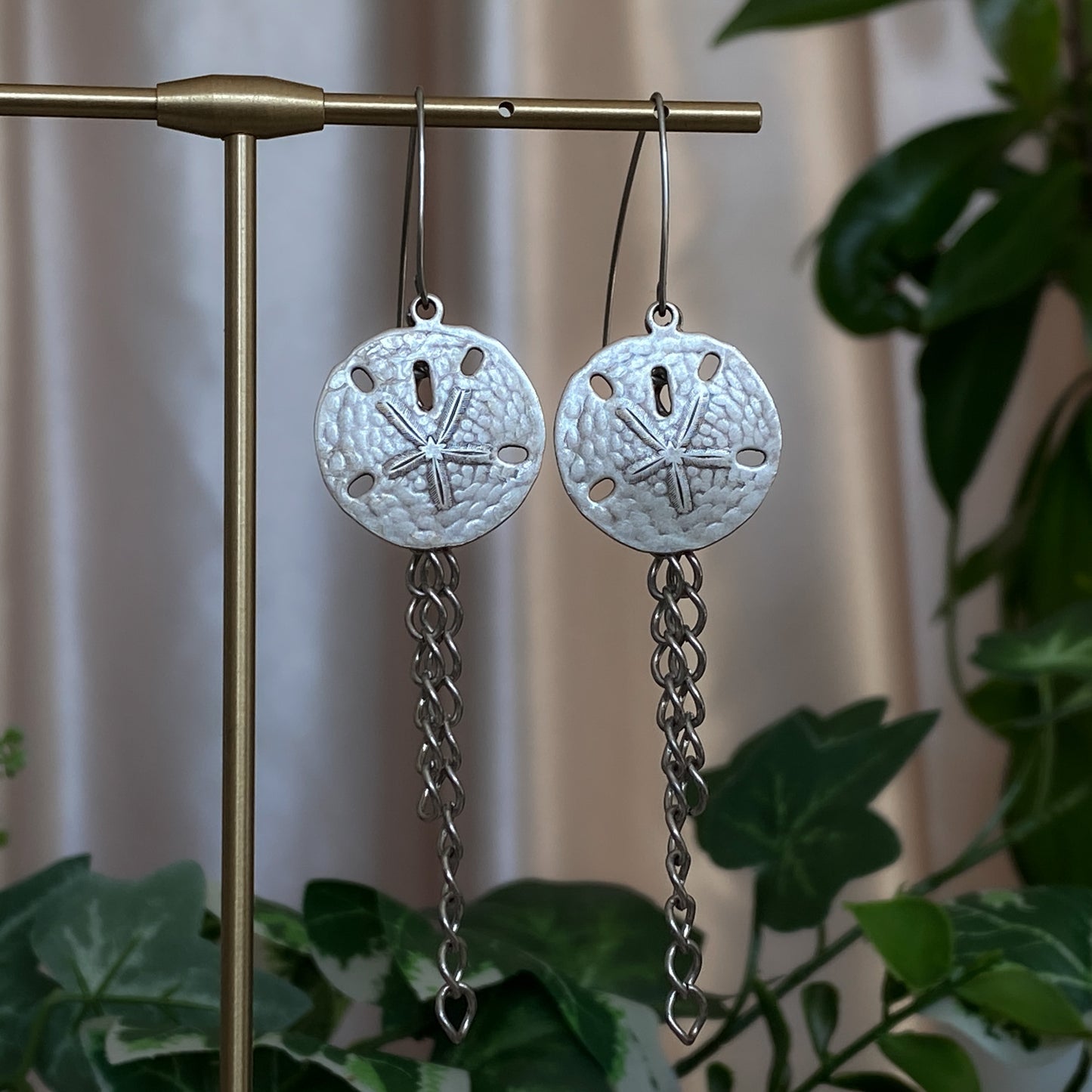 Tara ~ Dark Siren Sand Dollar Earrings with Antique Silver Shells on Stainless Steel V-Hooks