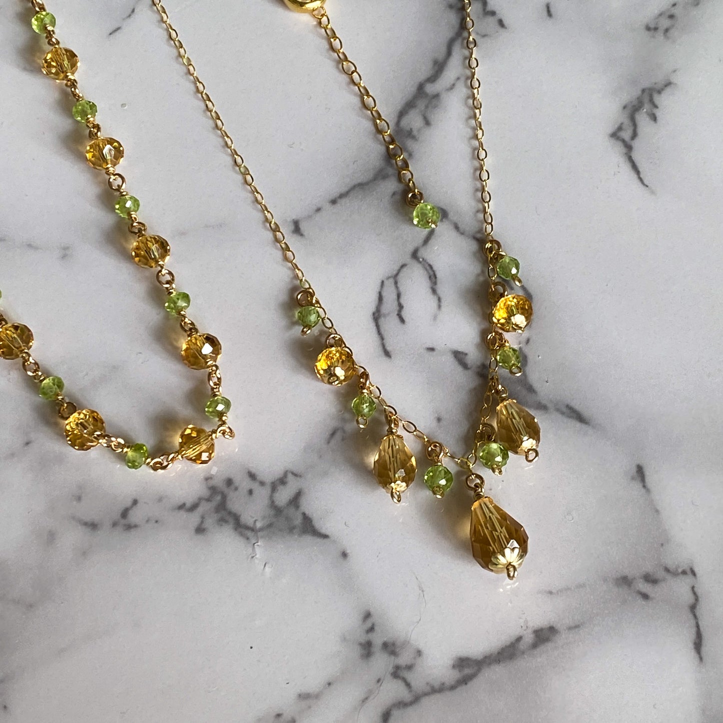 Fawn ~ Amber Glass, Peridot and 14k Gold Filled Dainty Charm Necklace