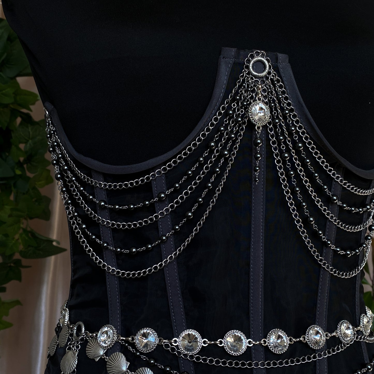 Tara ~ Dark Siren Upcycled Corset with Glass Pearls, Faceted Glass, Antique Silver and Stainless Steel