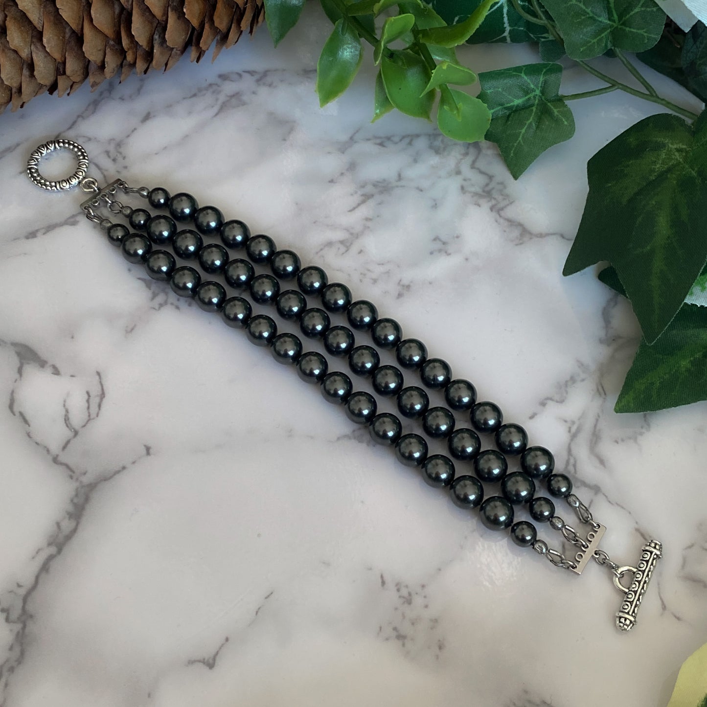 Tara ~ Dark Siren Black Pearl Bracelet with Glass Pearls, Antique Silver and Stainless Steel