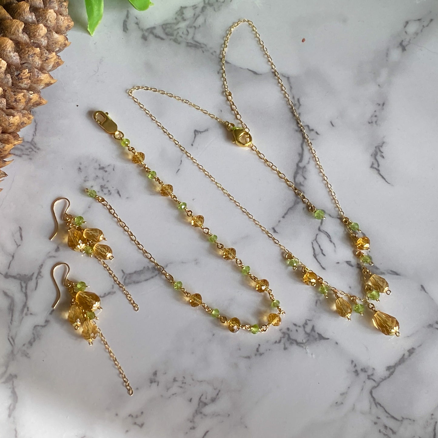 Fawn ~ Amber Glass, Peridot and 14k Gold Filled Dainty Charm Necklace