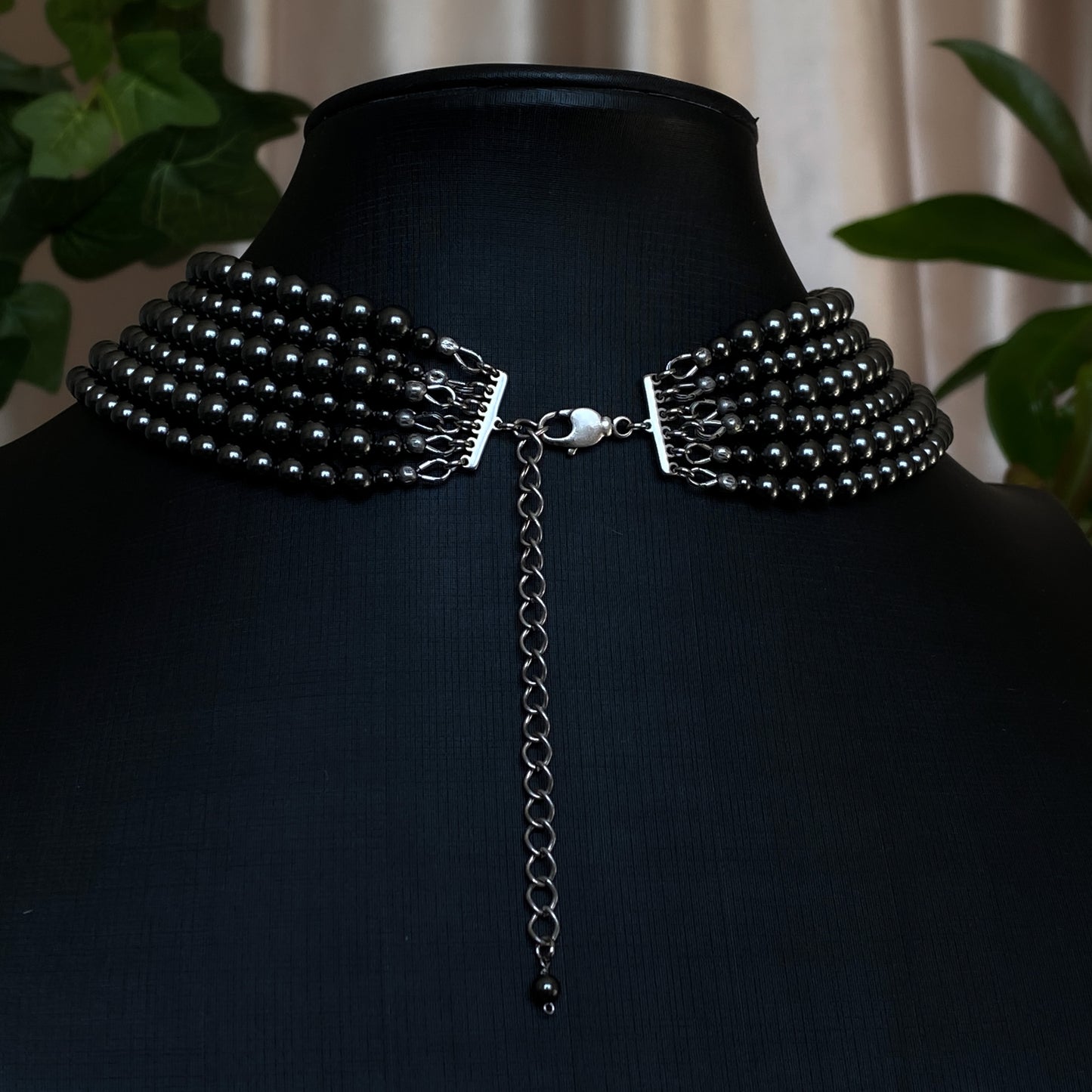 Tara ~ Dark Siren Layered Black Pearl Choker with Glass Pearls, Antique Silver Shells and Stainless Steel