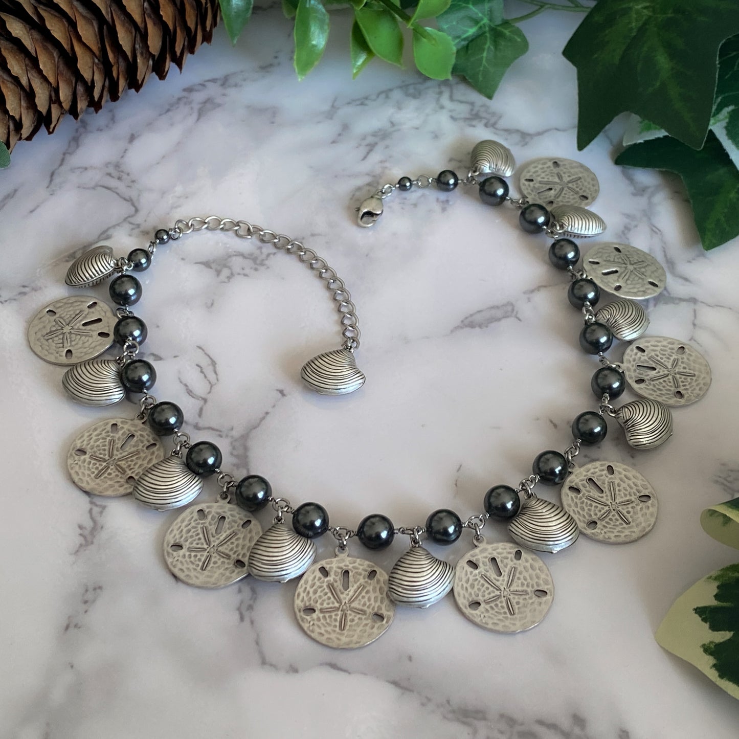 Tara ~ Dark Siren Shell Charm Choker with Glass Pearls, Antique Silver Shells and Stainless Steel