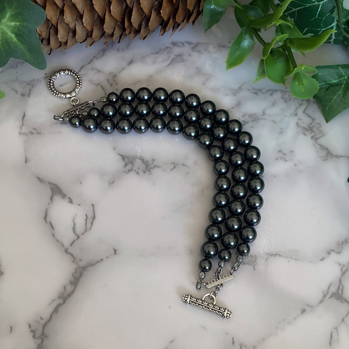 Tara ~ Dark Siren Black Pearl Bracelet with Glass Pearls, Antique Silver and Stainless Steel