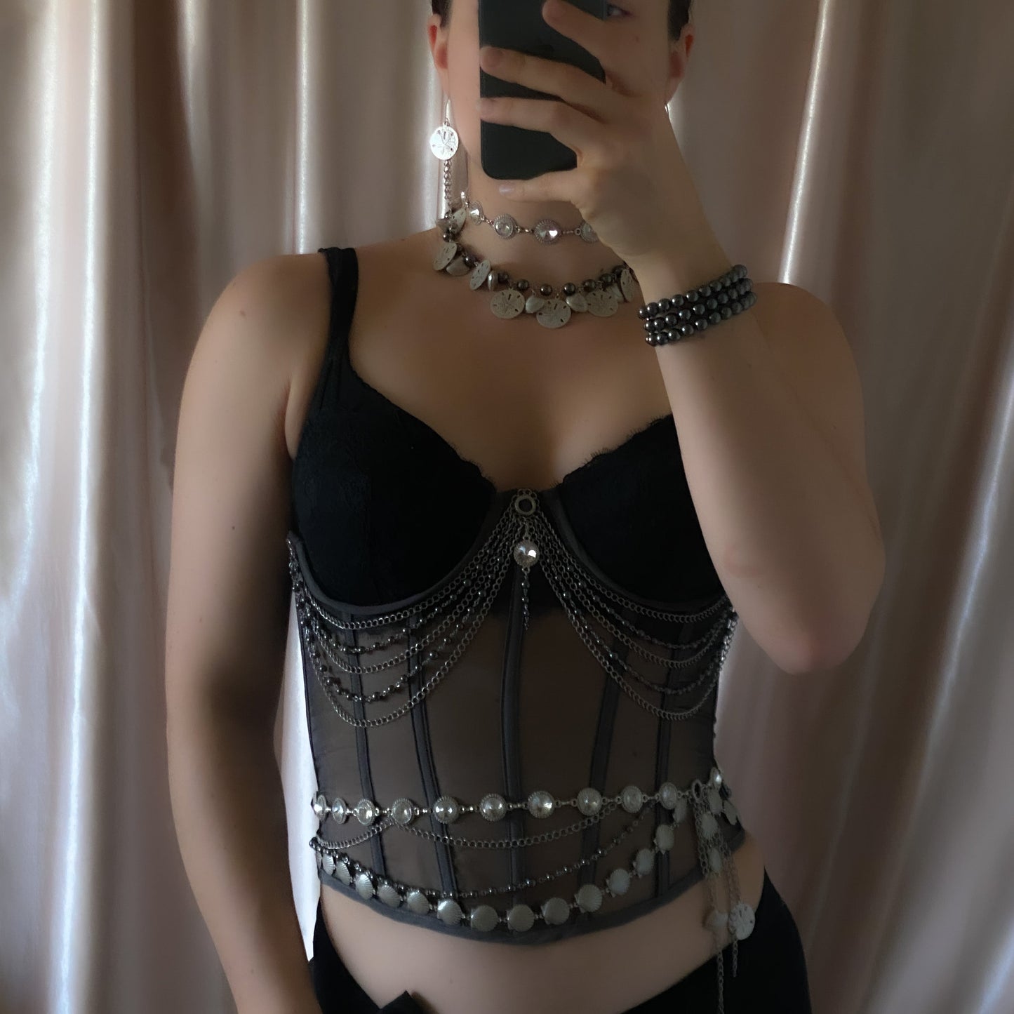 Tara ~ Dark Siren Glass Choker with Faceted Glass, Antique Silver Shells and Stainless Steel