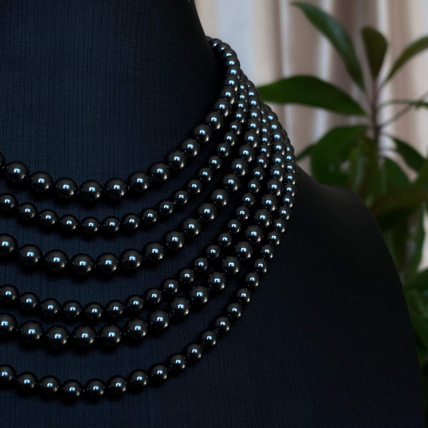 Tara ~ Dark Siren Layered Black Pearl Choker with Glass Pearls, Antique Silver Shells and Stainless Steel