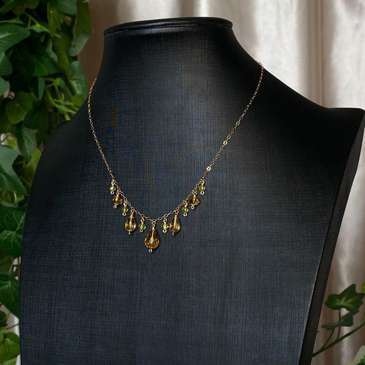 Fawn ~ Amber Glass, Peridot and 14k Gold Filled Dainty Charm Necklace