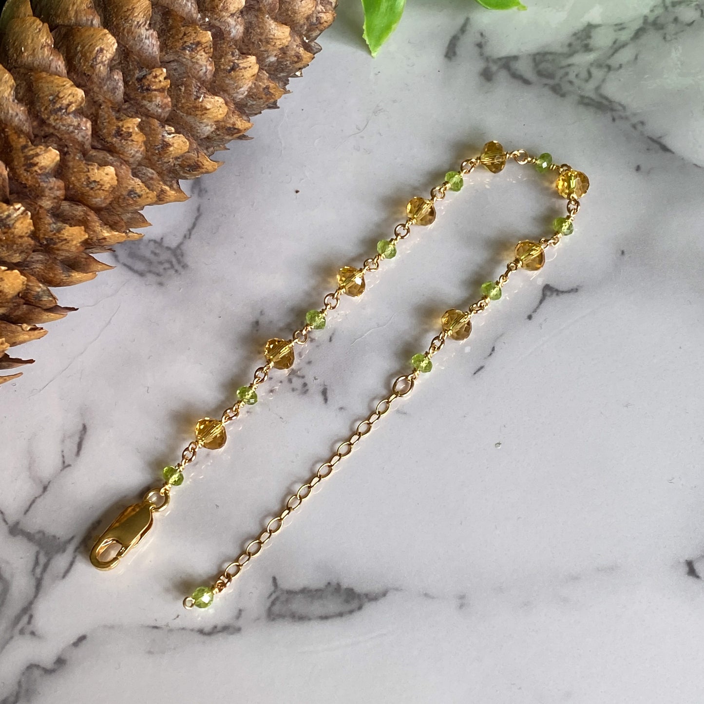 Fawn ~ Amber Glass, Peridot and 14k Gold Filled Bracelet