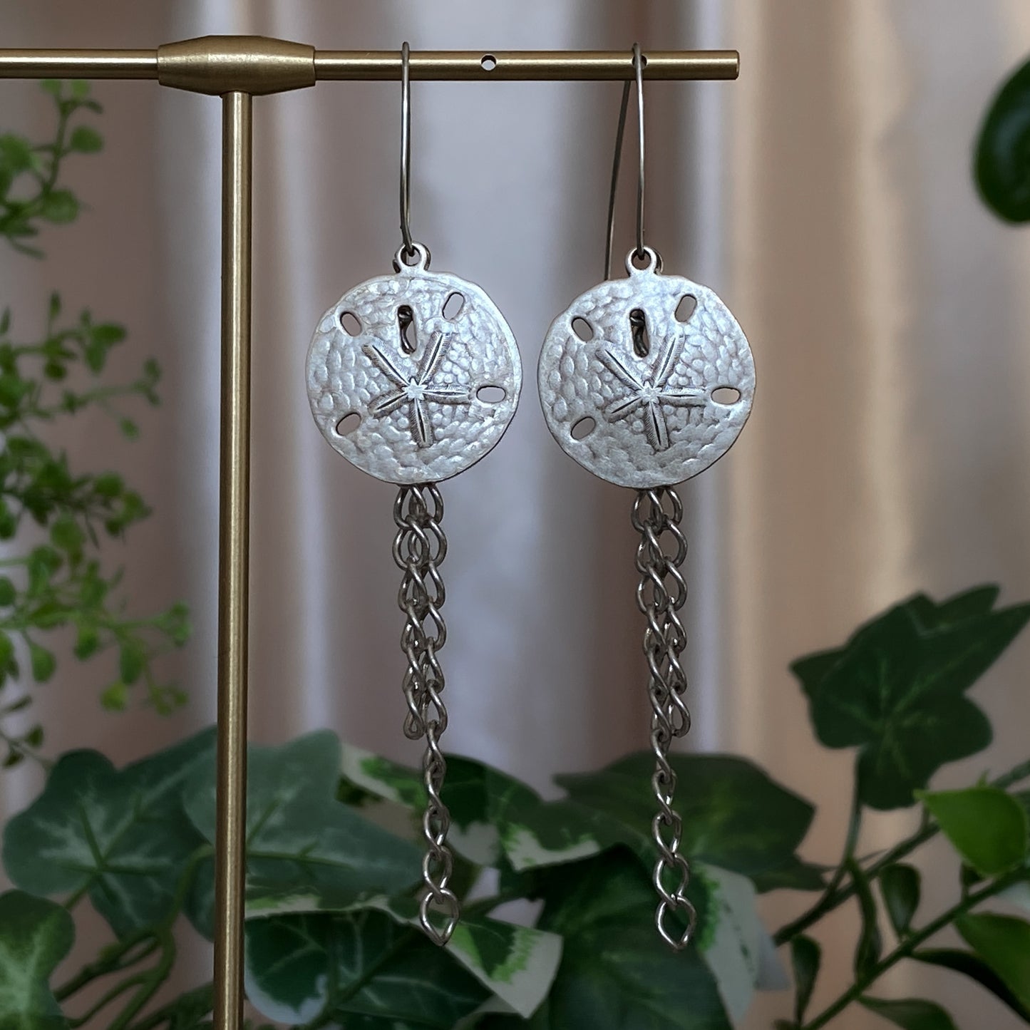 Tara ~ Dark Siren Sand Dollar Earrings with Antique Silver Shells on Stainless Steel V-Hooks