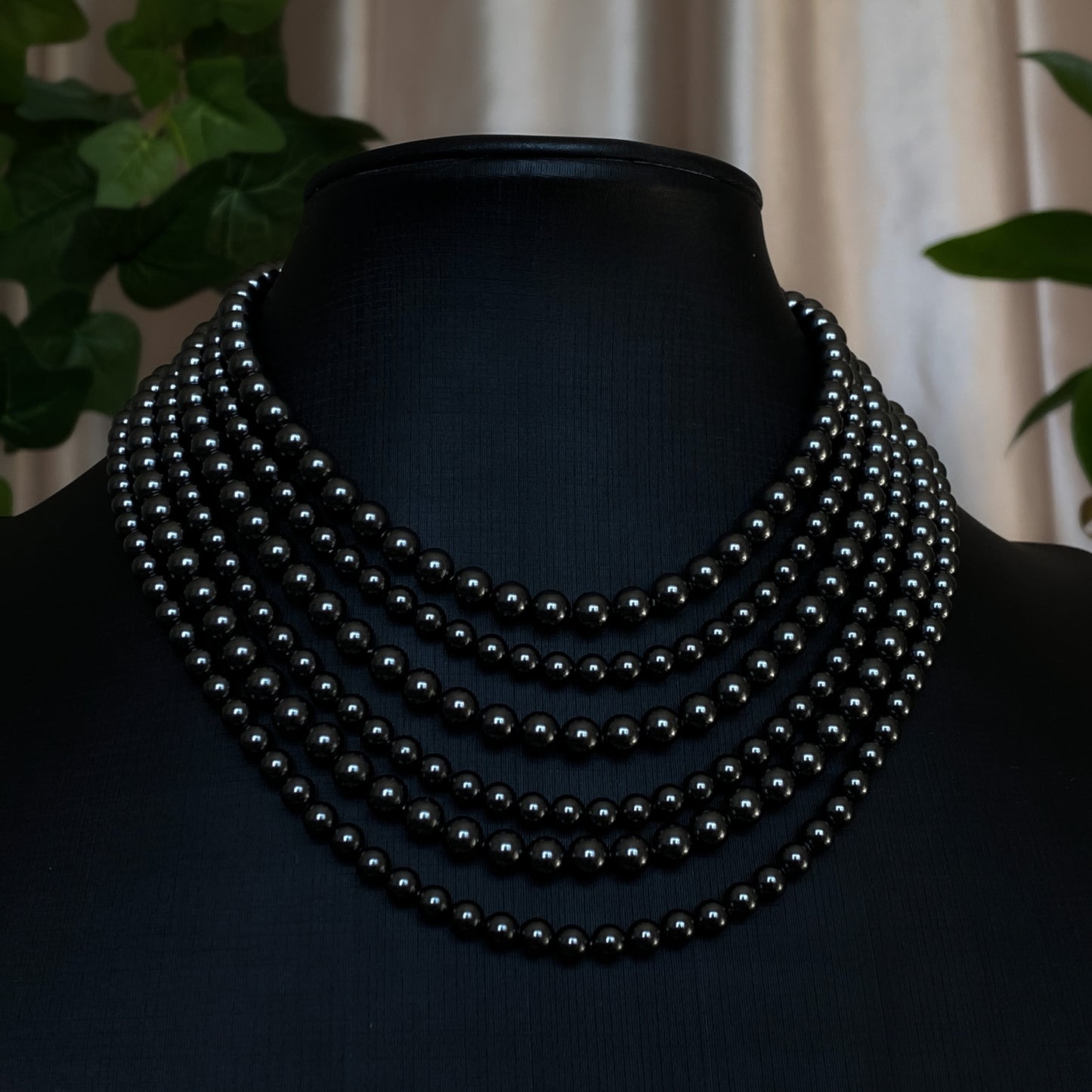 Tara ~ Dark Siren Layered Black Pearl Choker with Glass Pearls, Antique Silver Shells and Stainless Steel