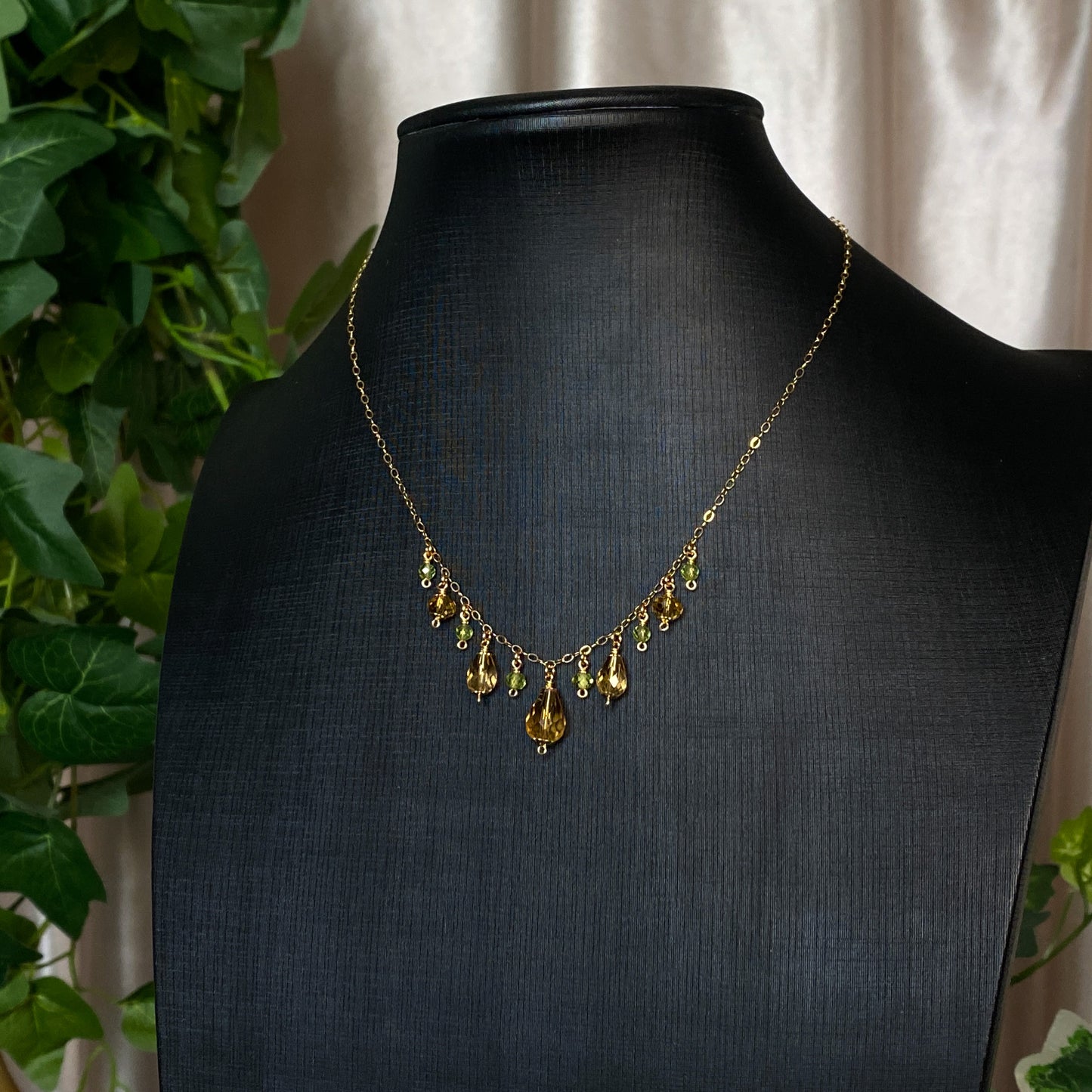 Fawn ~ Amber Glass, Peridot and 14k Gold Filled Dainty Charm Necklace