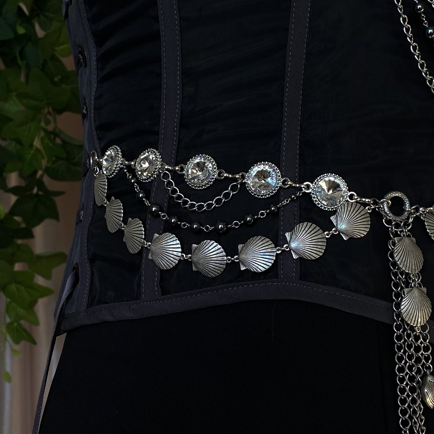 Tara ~ Dark Siren Upcycled Corset with Glass Pearls, Faceted Glass, Antique Silver and Stainless Steel