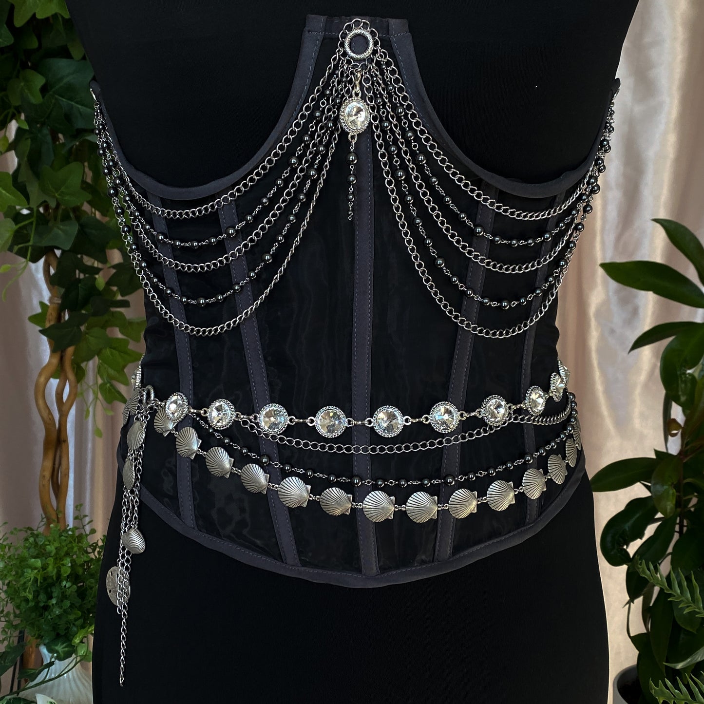 Tara ~ Dark Siren Upcycled Corset with Glass Pearls, Faceted Glass, Antique Silver and Stainless Steel