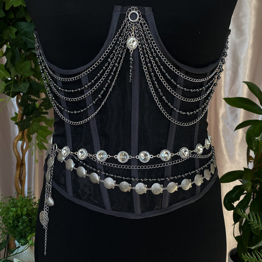 Tara ~ Dark Siren Upcycled Corset with Glass Pearls, Faceted Glass, Antique Silver and Stainless Steel