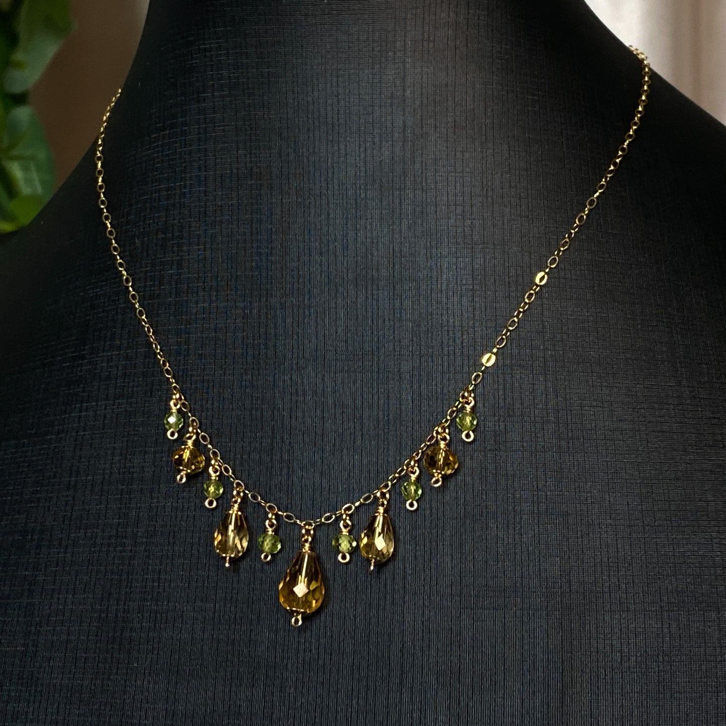 Fawn ~ Amber Glass, Peridot and 14k Gold Filled Dainty Charm Necklace