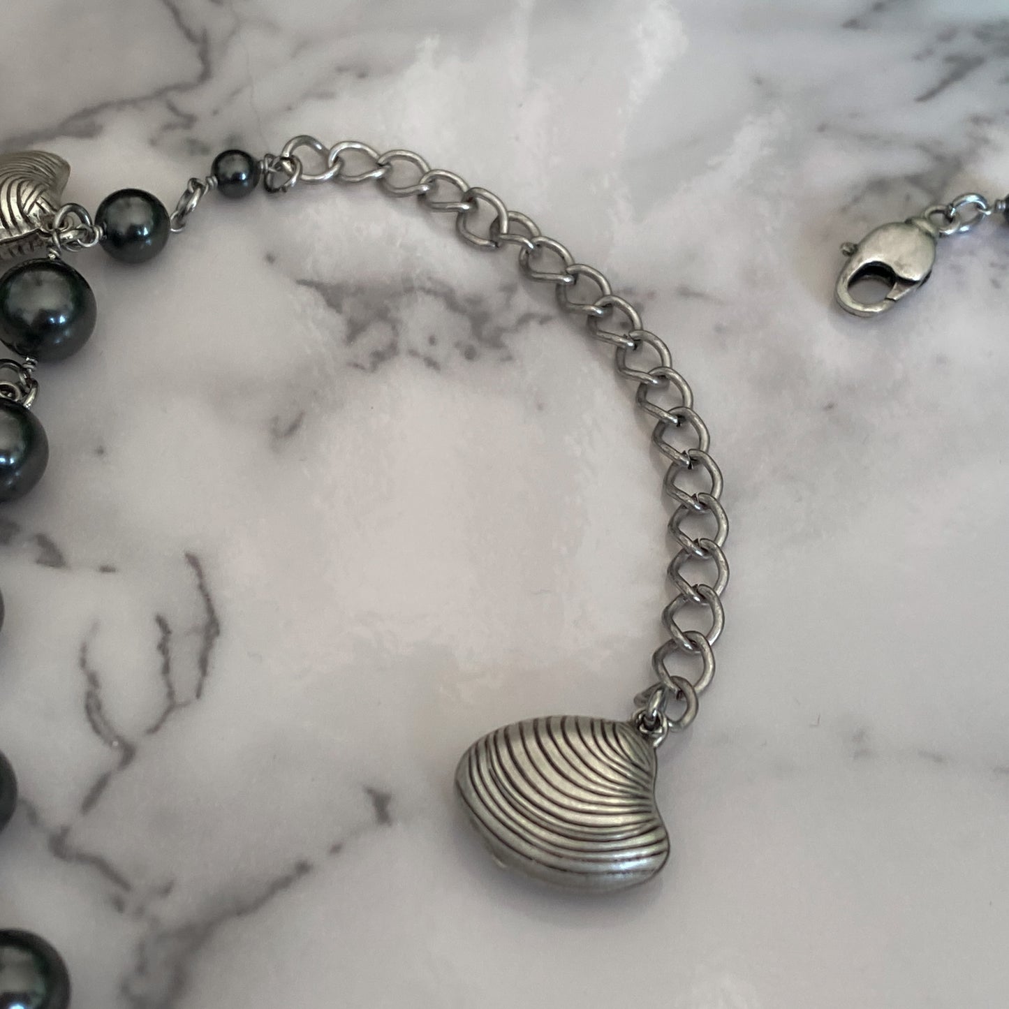 Tara ~ Dark Siren Shell Charm Choker with Glass Pearls, Antique Silver Shells and Stainless Steel