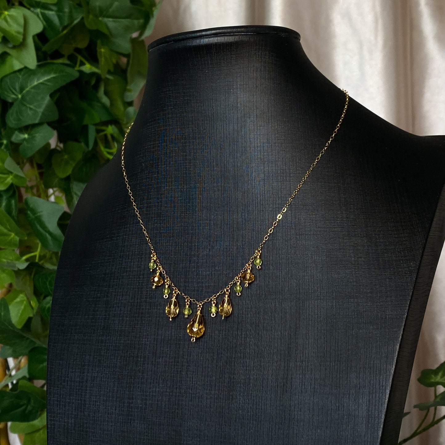 Fawn ~ Amber Glass, Peridot and 14k Gold Filled Dainty Charm Necklace