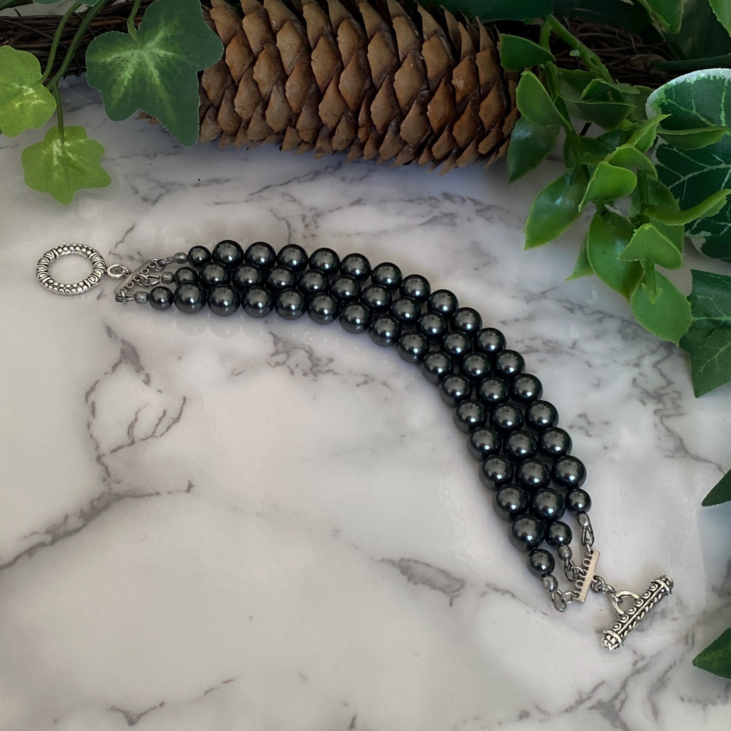 Tara ~ Dark Siren Black Pearl Bracelet with Glass Pearls, Antique Silver and Stainless Steel
