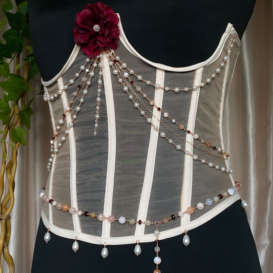 Flora ~ Upcycled Corset with Flower Agate, Crystal Pearl, Garnet and 14k Rose Gold Filled