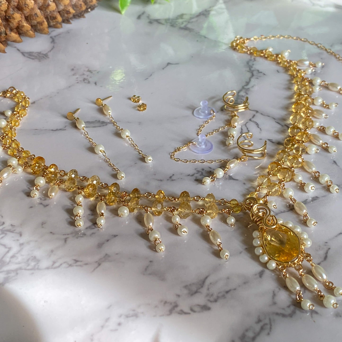 Aurelia ~ Citrine, Glass Pearl, and 14k Gold Filled Lobe Earring and Conch Cuff Duo