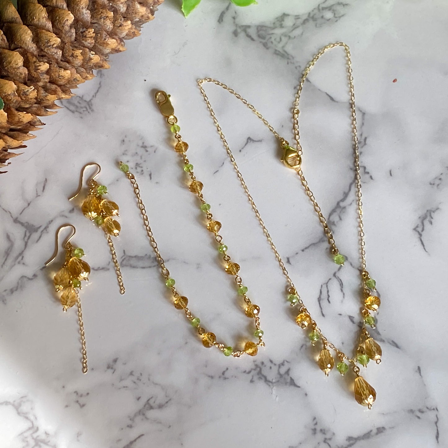 Fawn ~ Amber Glass, Peridot and 14k Gold Filled Bracelet