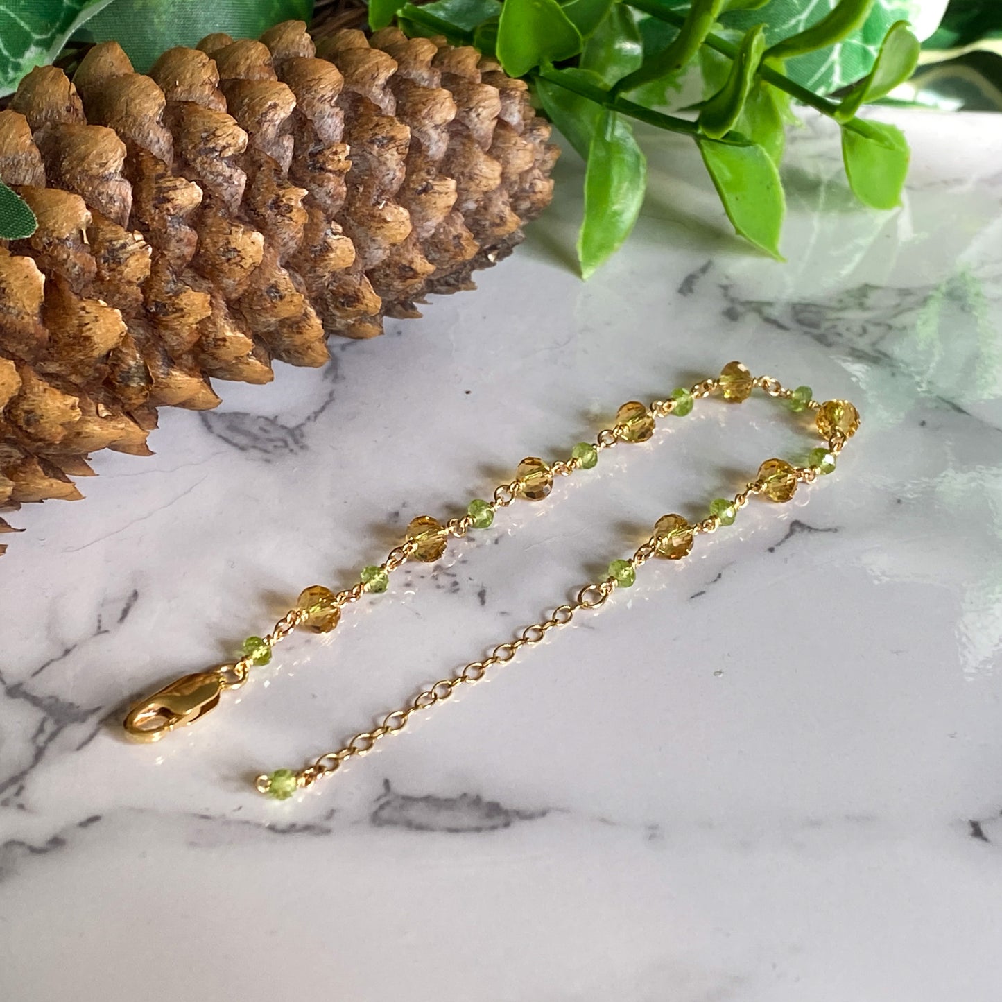 Fawn ~ Amber Glass, Peridot and 14k Gold Filled Bracelet