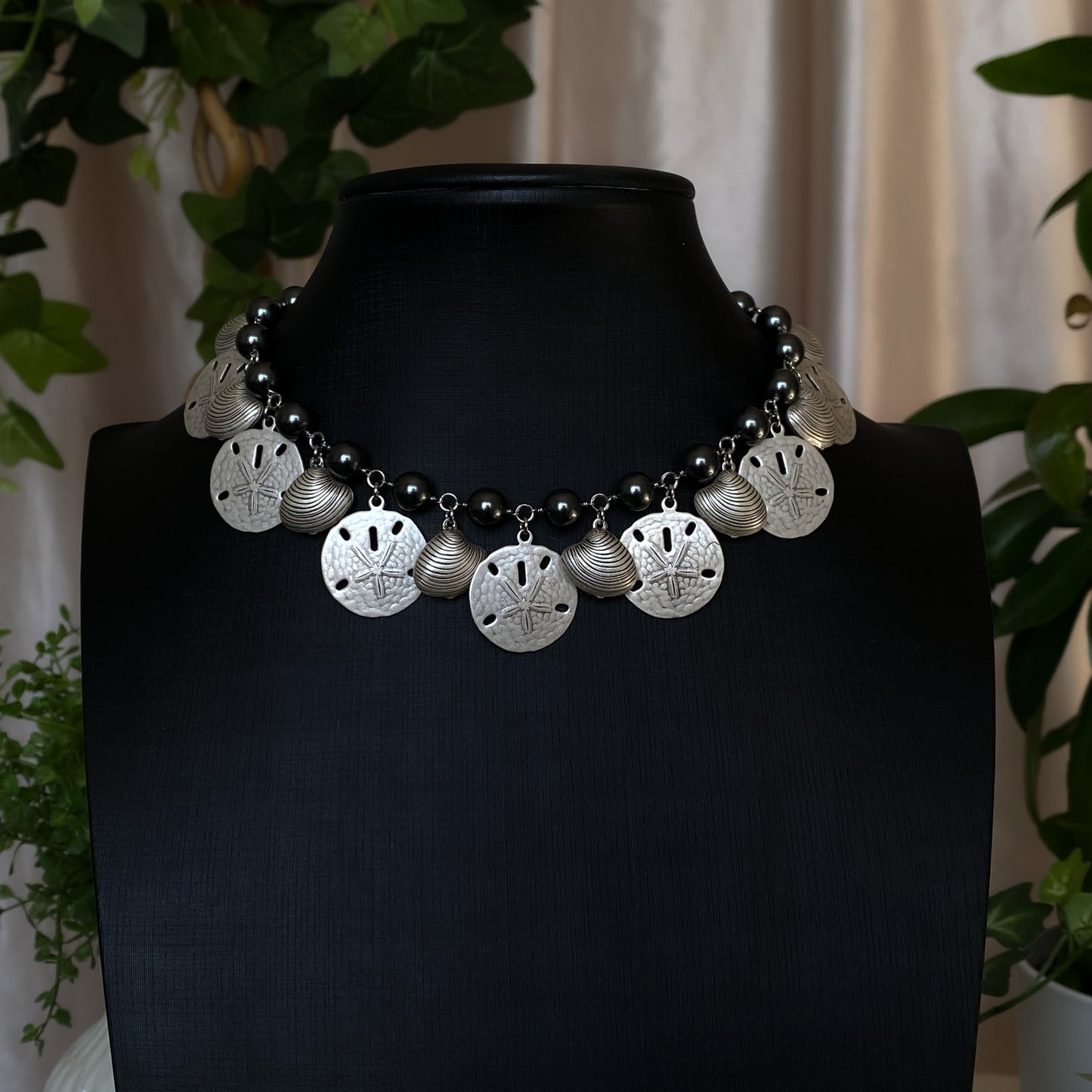Tara ~ Dark Siren Shell Charm Choker with Glass Pearls, Antique Silver Shells and Stainless Steel