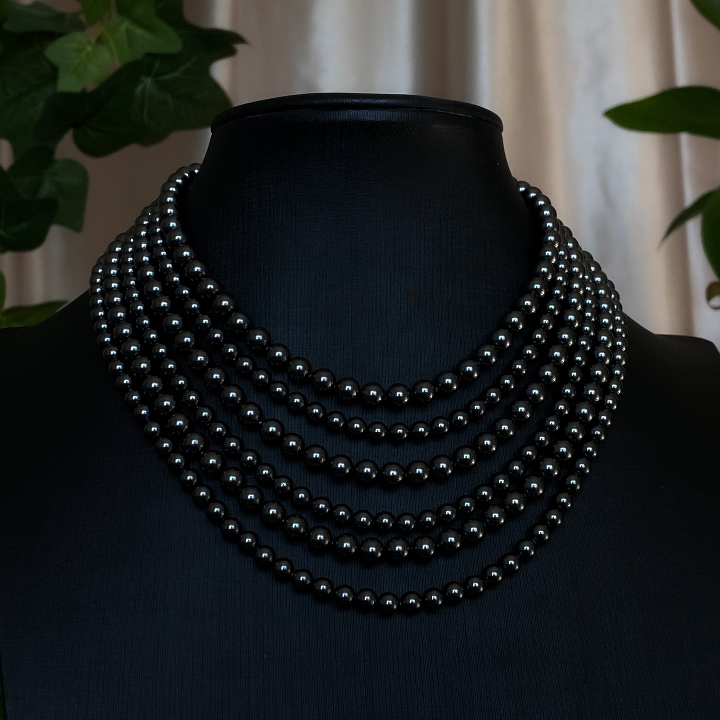 Tara ~ Dark Siren Layered Black Pearl Choker with Glass Pearls, Antique Silver Shells and Stainless Steel