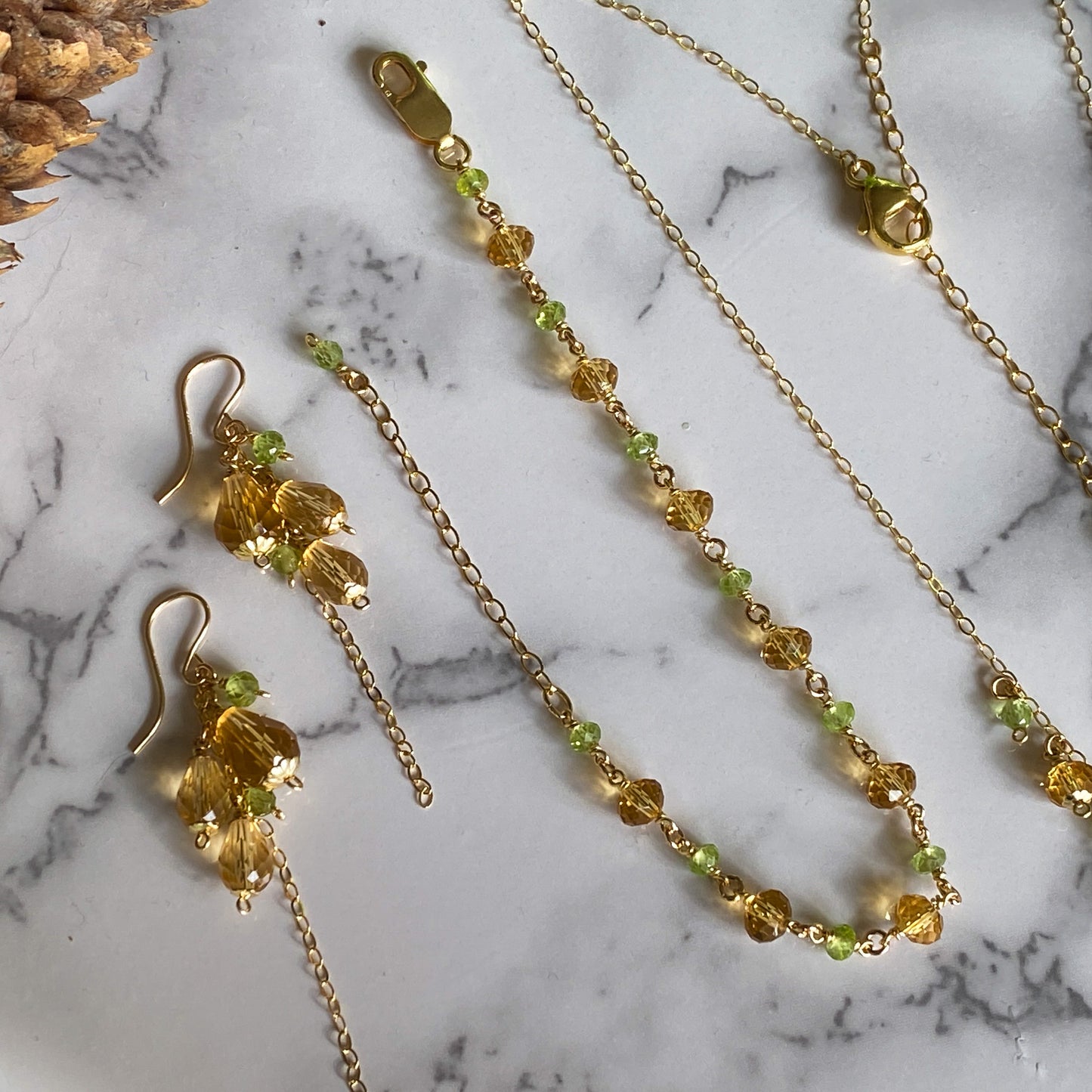 Fawn ~ Amber Glass, Peridot and 14k Gold Filled Bracelet