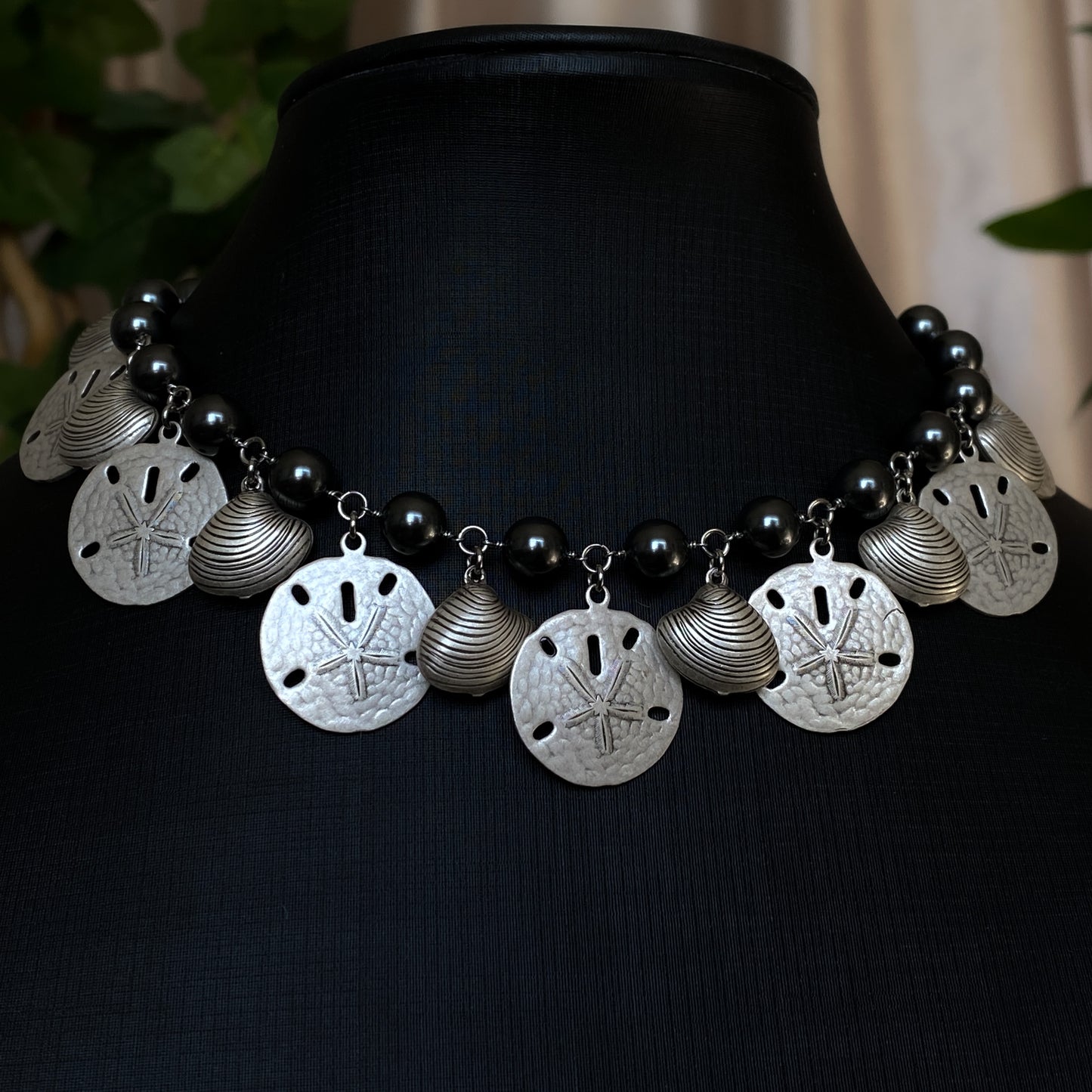 Tara ~ Dark Siren Shell Charm Choker with Glass Pearls, Antique Silver Shells and Stainless Steel