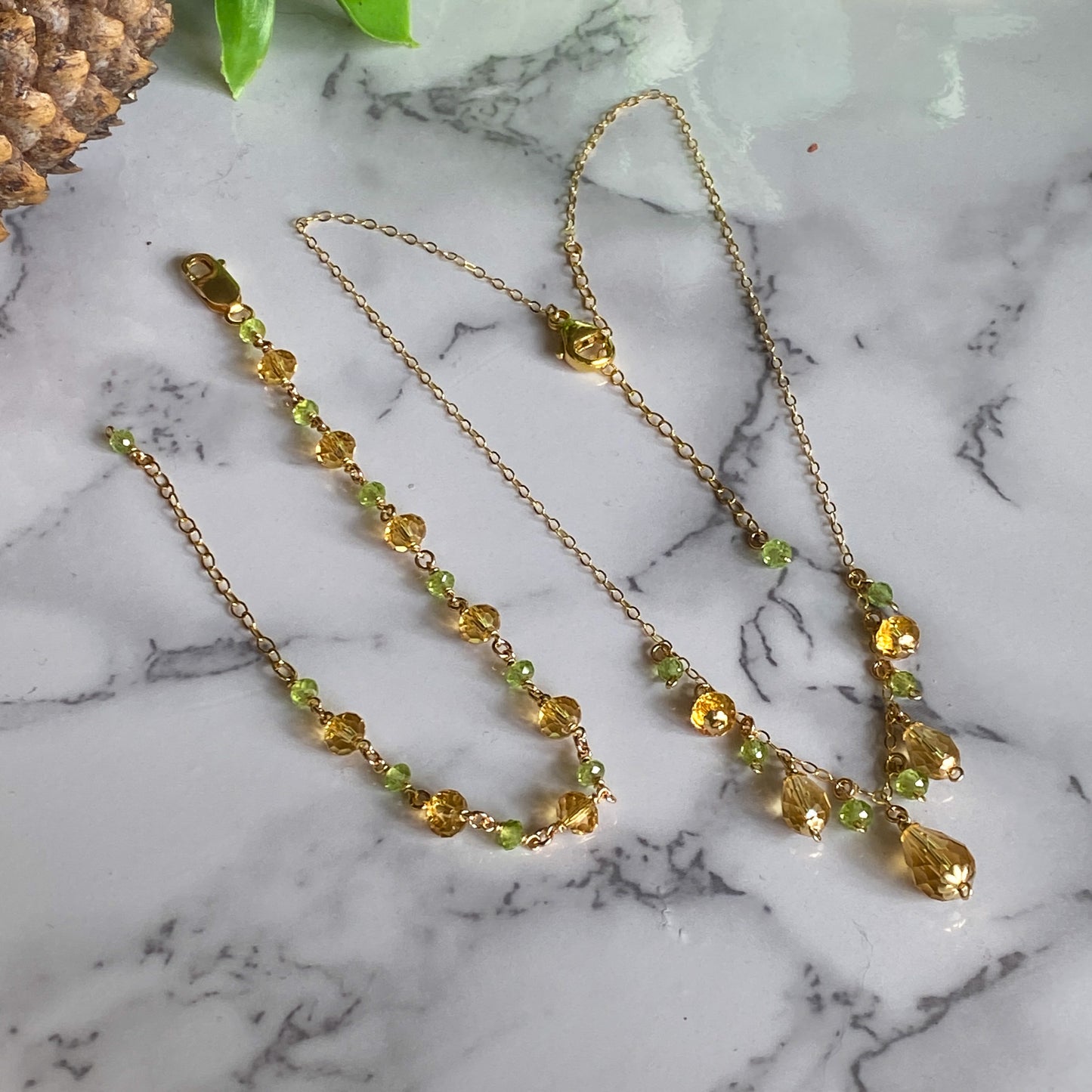 Fawn ~ Amber Glass, Peridot and 14k Gold Filled Dainty Charm Necklace