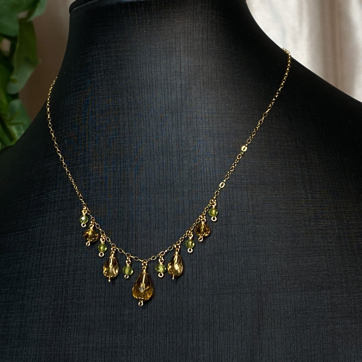 Fawn ~ Amber Glass, Peridot and 14k Gold Filled Dainty Charm Necklace