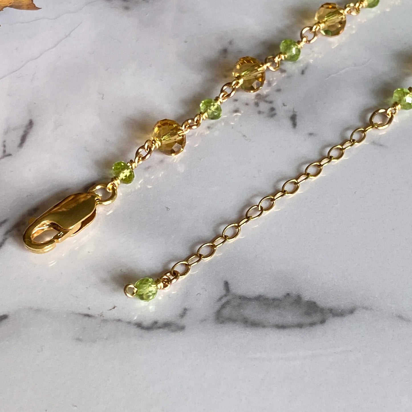 Fawn ~ Amber Glass, Peridot and 14k Gold Filled Bracelet