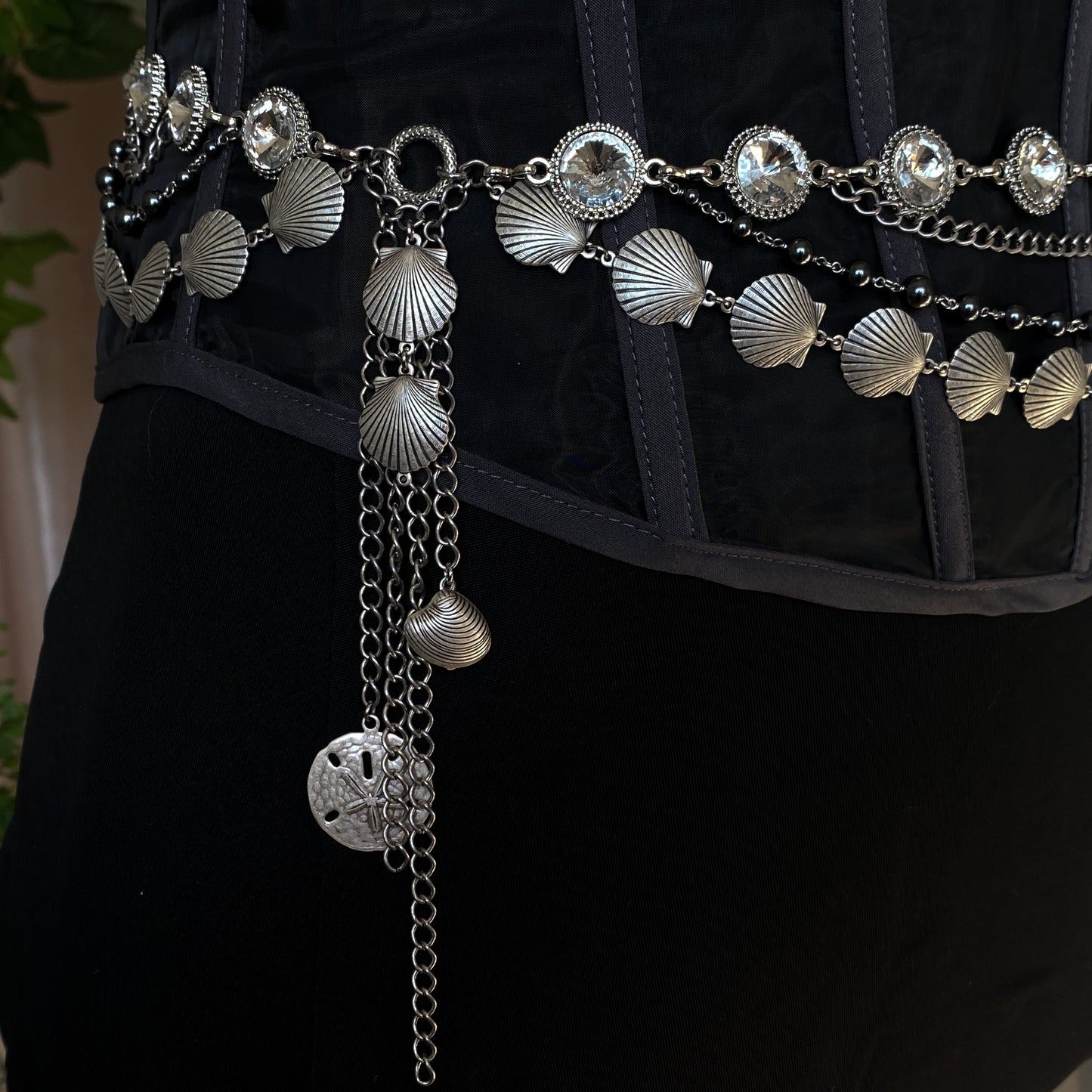 Tara ~ Dark Siren Upcycled Corset with Glass Pearls, Faceted Glass, Antique Silver and Stainless Steel