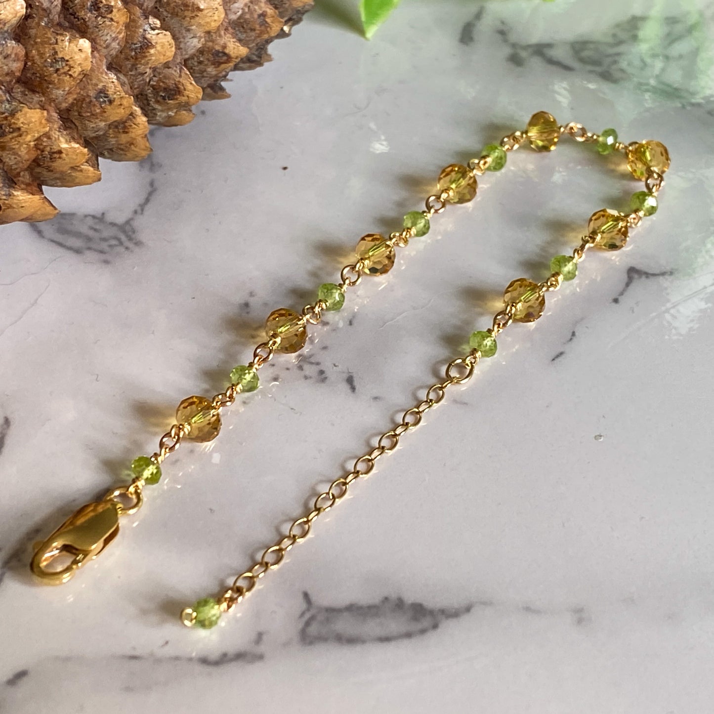 Fawn ~ Amber Glass, Peridot and 14k Gold Filled Bracelet
