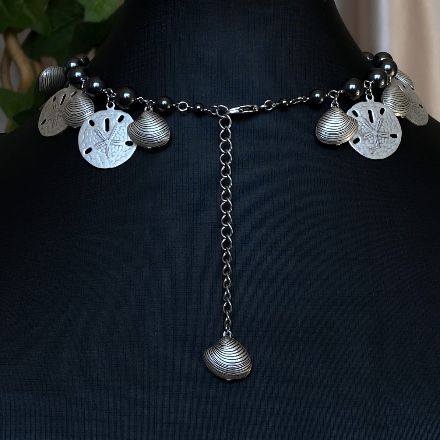 Tara ~ Dark Siren Shell Charm Choker with Glass Pearls, Antique Silver Shells and Stainless Steel