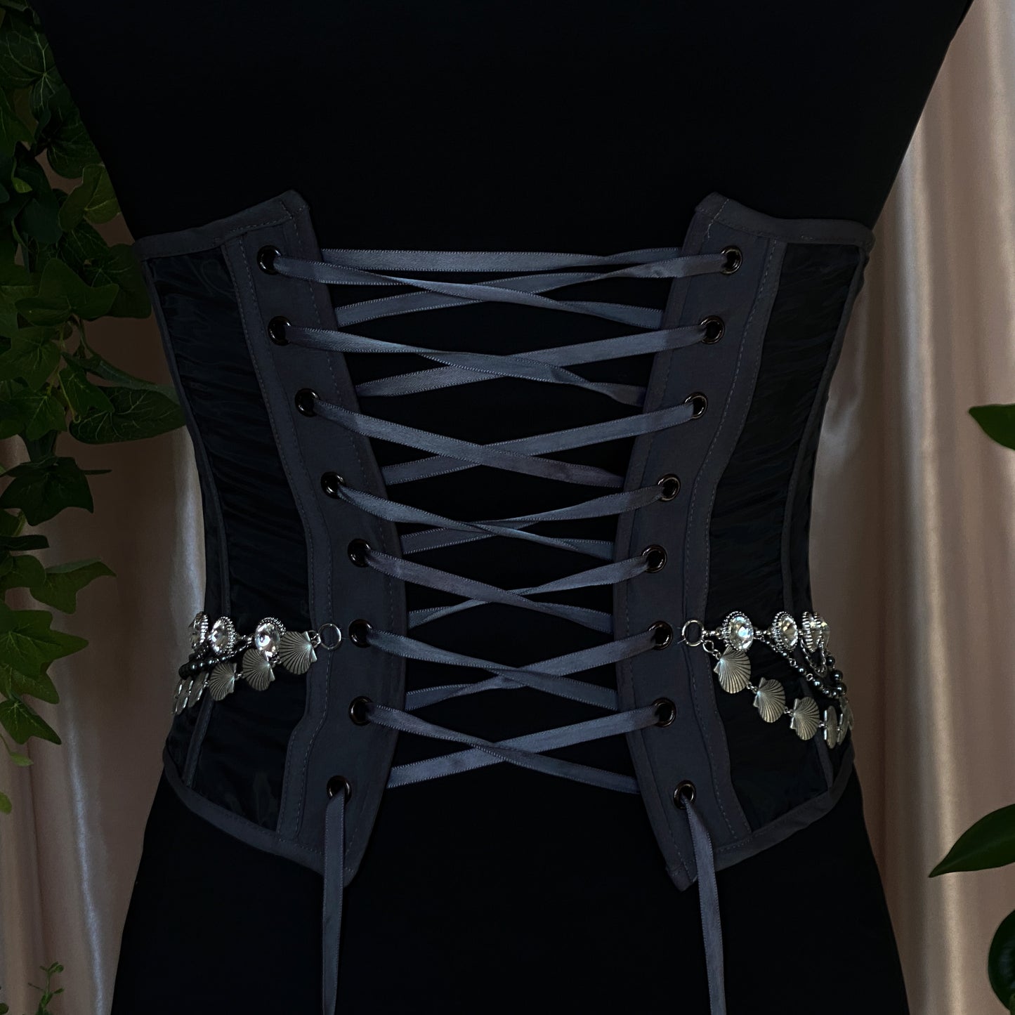 Tara ~ Dark Siren Upcycled Corset with Glass Pearls, Faceted Glass, Antique Silver and Stainless Steel