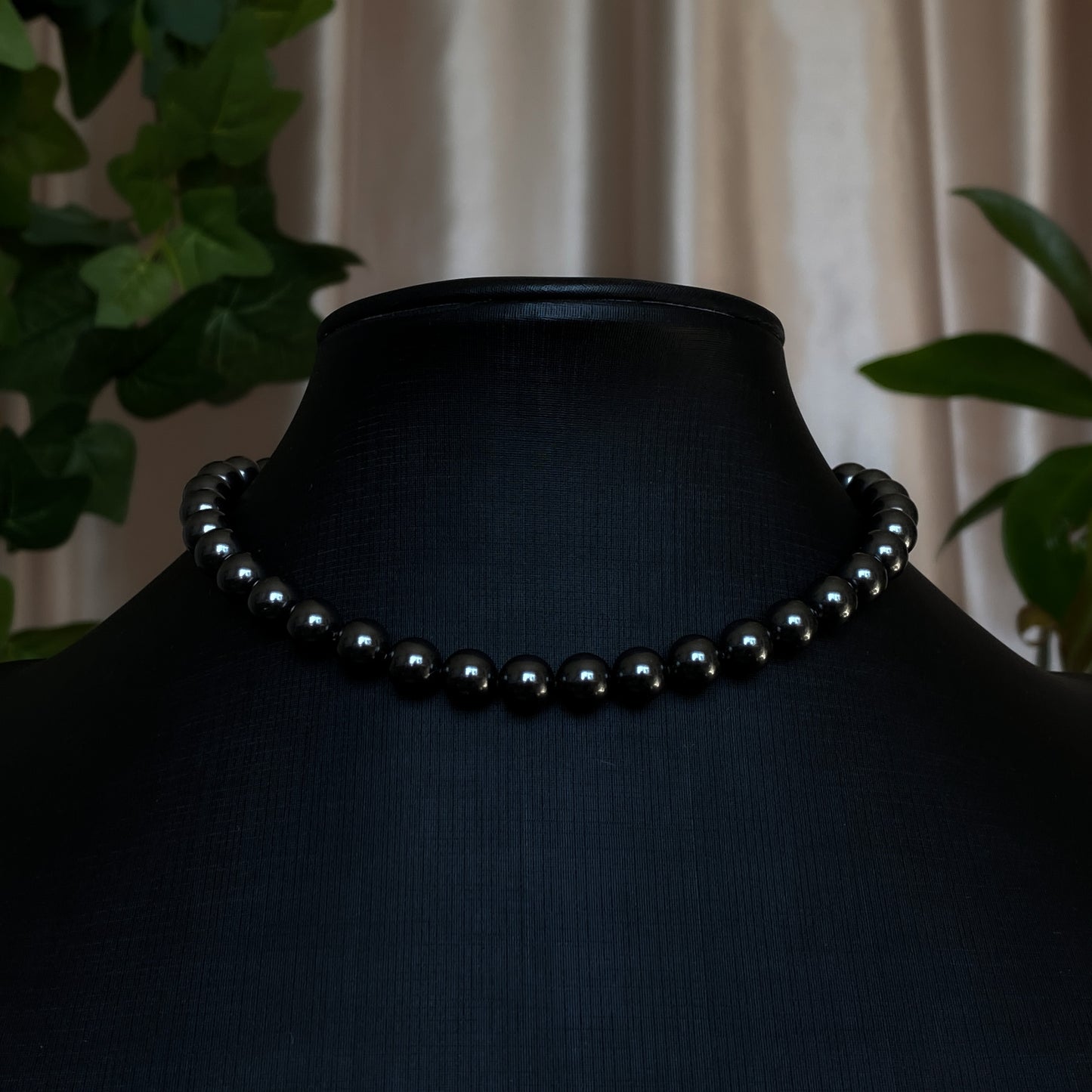 Tara ~ Dark Siren Black Pearl Choker with Glass Pearls, Antique Silver Shells and Stainless Steel