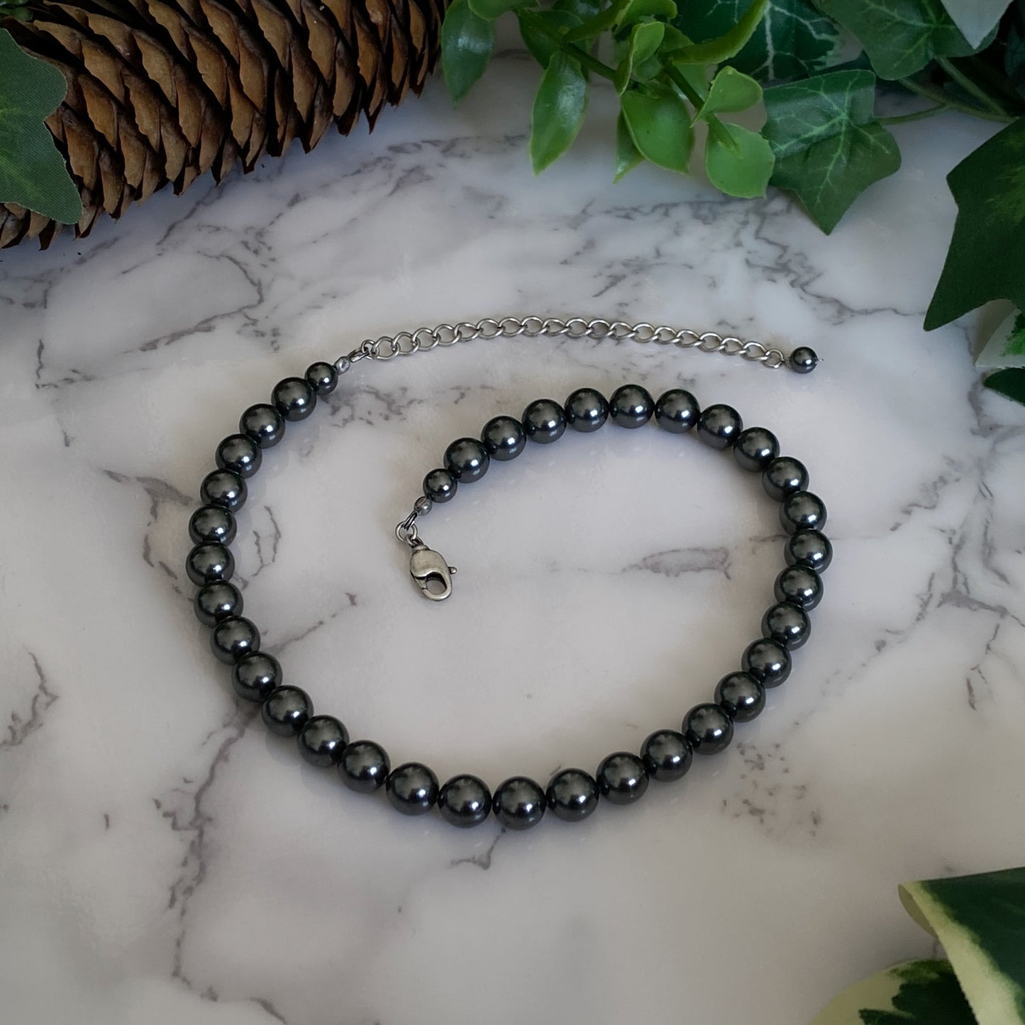 Tara ~ Dark Siren Black Pearl Choker with Glass Pearls, Antique Silver Shells and Stainless Steel