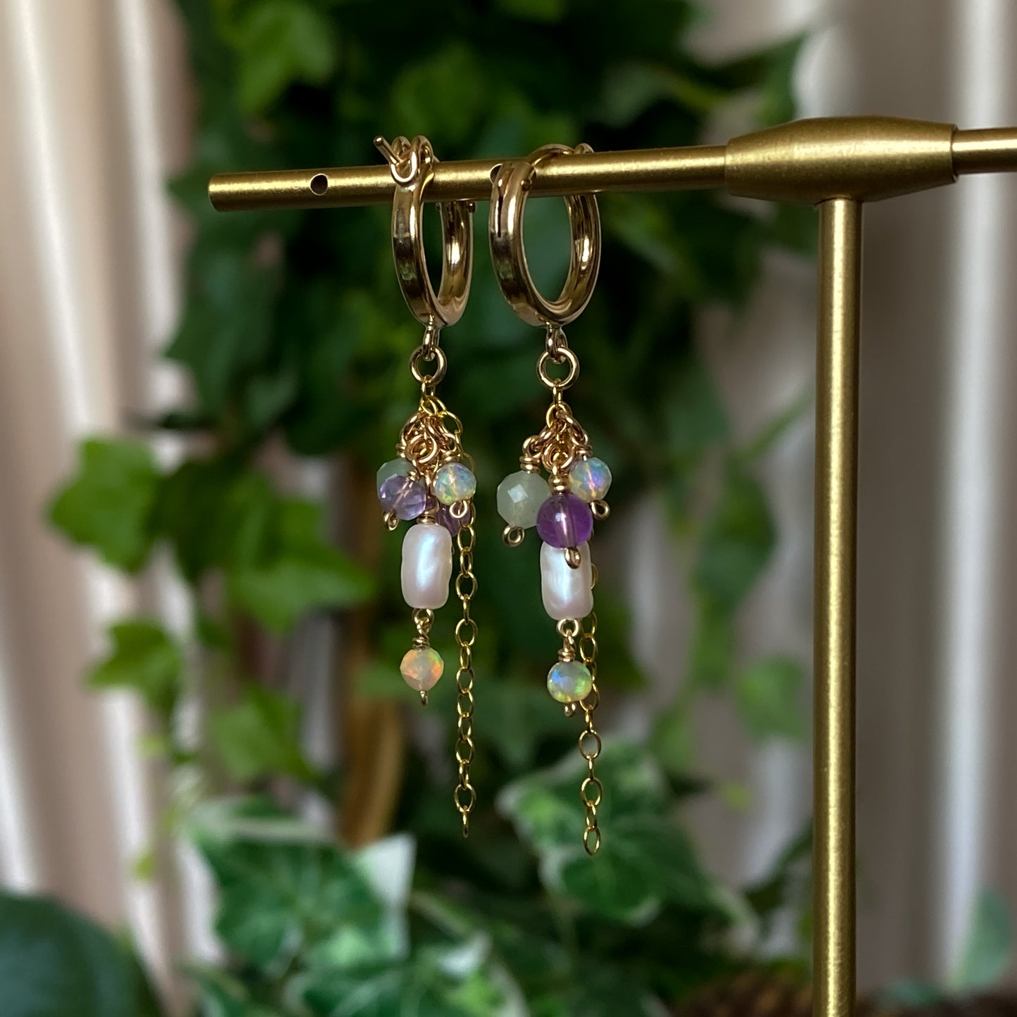 Summer Garden ~ Amethyst, Aventurine, Ethiopian Opal, Vintage Faux Pearl and 14k Gold Filled Mini Layered Dangles