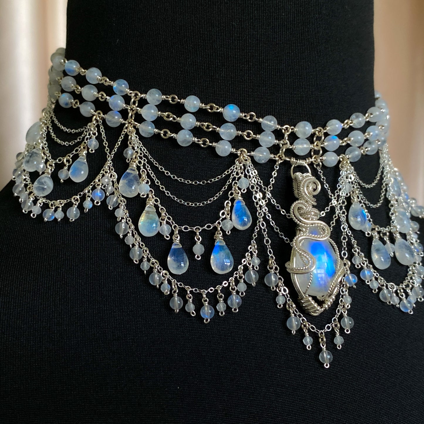 Alice ~ Moonstone & Argentium 3-Strand Chandelier Choker