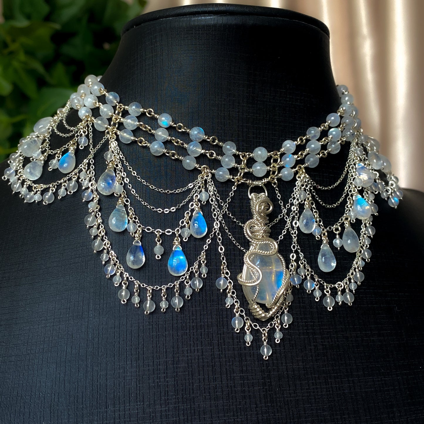 Alice ~ Moonstone & Argentium 3-Strand Chandelier Choker