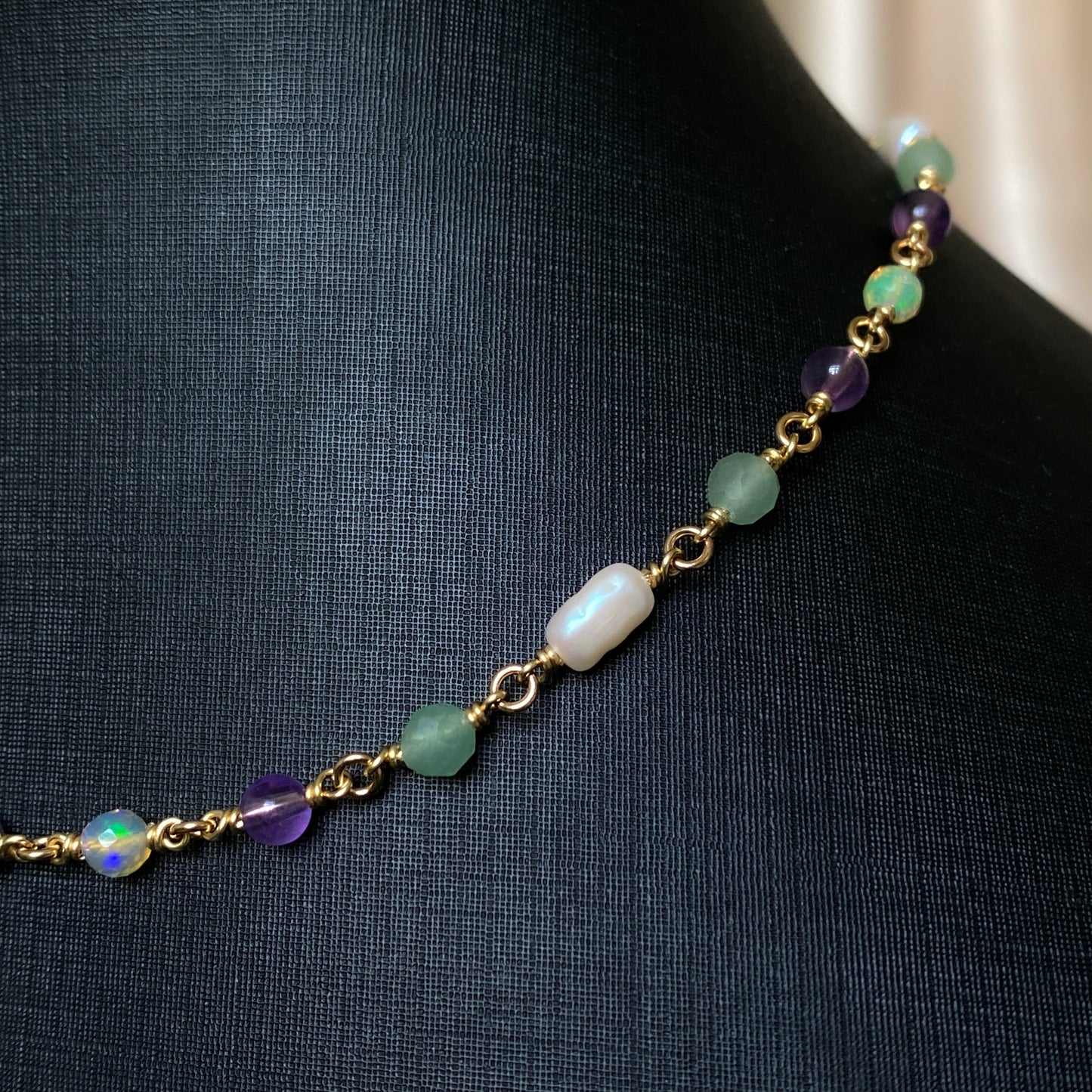Summer Garden ~ Amethyst, Aventurine, Ethiopian Opal, Vintage Faux Pearl and 14k Gold Filled Choker